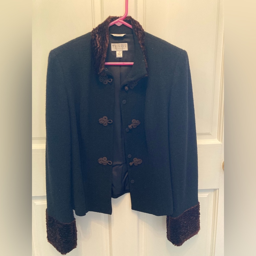 Talbots Collection black jacket with brown collar and cuffs